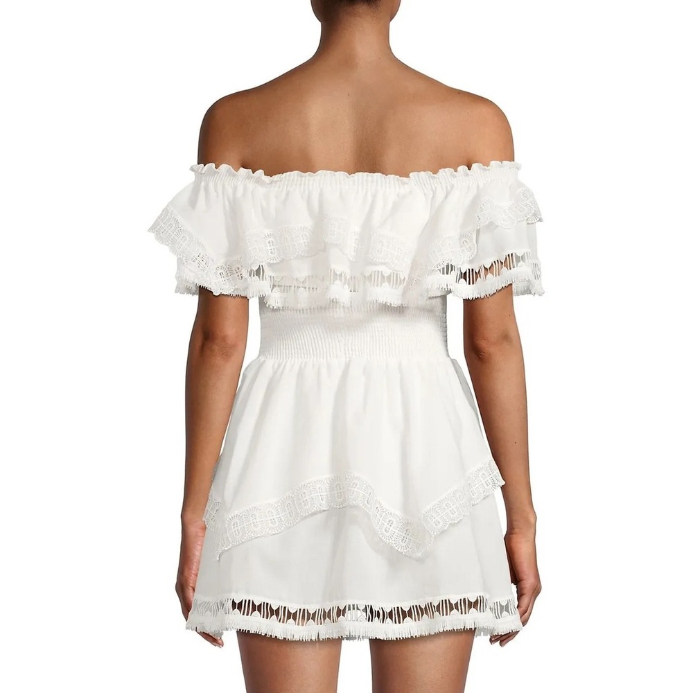 Saks Fifth Ave White Off The Shoulder Ruffle Lace Trim Mini Dress Boho Dress - Picture 2 of 3